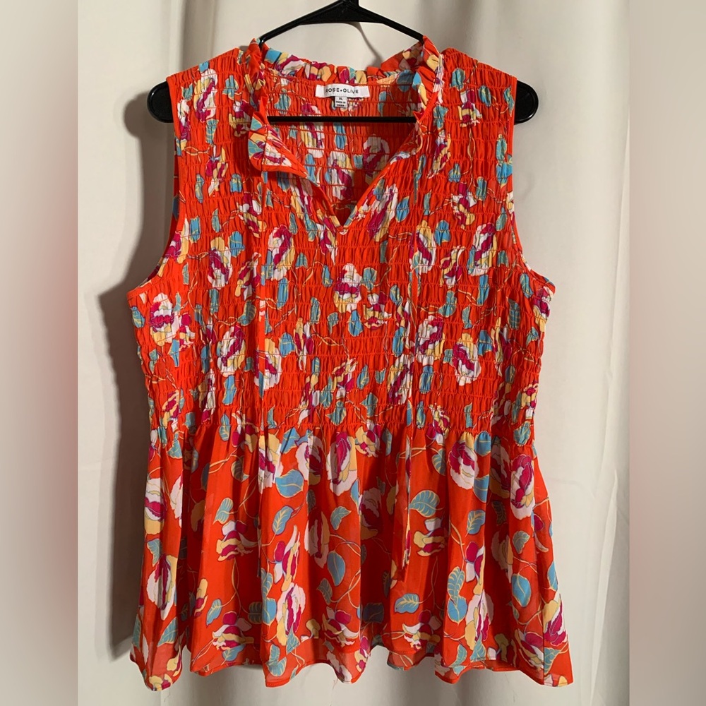 Rose & Olive Orange Smocked Sleeveless Blouse